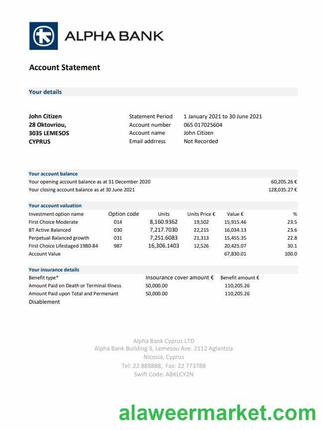 Cyprus Alpha Bank statement easy to fill template in Excel and PDF format